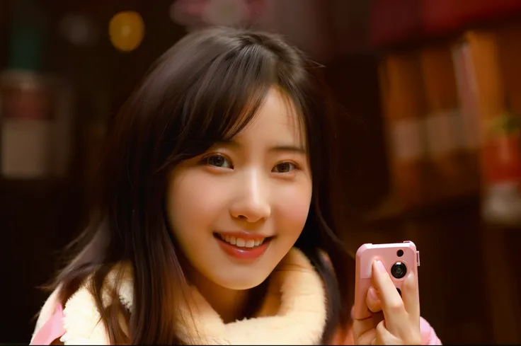 smiling woman in a pink jacket holding a cell phone, qiu fang, yun ling, gemma chen, joy ang, katherine lam, wenfei ye, jen zee, lulu chen, mei-ling zhou, wu liu, portrait of christy ren, lei min, kamwei fong, xintong chen, louise zhang, li zixin, kan liu