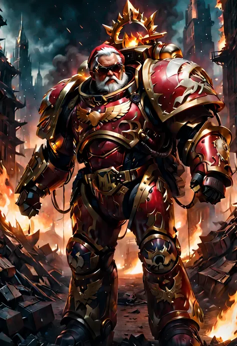 warhammer 40k universe，knight armor santa claus，mechanical suit of red and gold armor，santa hat，sparkly red color sunglasses，int...