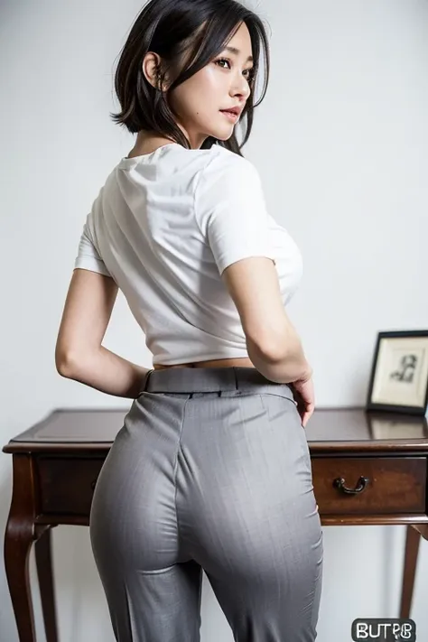 (best quality, 8k, 32k, masterpiece, uhd:1.2), 1girl, beautiy japanese woman, narrow waist, grey suit, white shirt, office lady,...