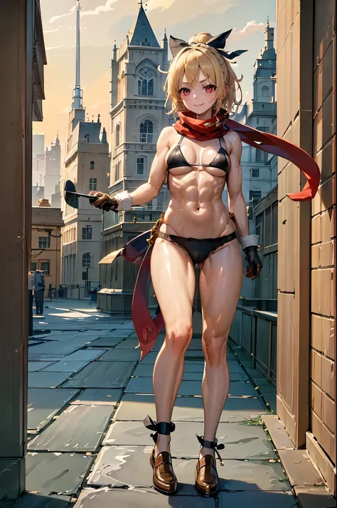 best quality, 4k, ((masterpiece)), extremely detailed, 8k, Trending on ArtStation, intricate, very high details, sharp focus, detailed background, (Fantasy City: 1.4), Roof, 1girl, floor, navel, ( blonde hair), red eyes, hair bow, red scarf, braid, short h...