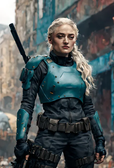 torso shot, facing front, best quality, masterpiece, cyberpunk Sophie Turner as 1girl, (solo:1.1), ultra detailed,detailed face, 8k wallpaper, platinum white hair in side cut fashion, wide hips, smile, Sophie Turner as military female soldier with gear of ...