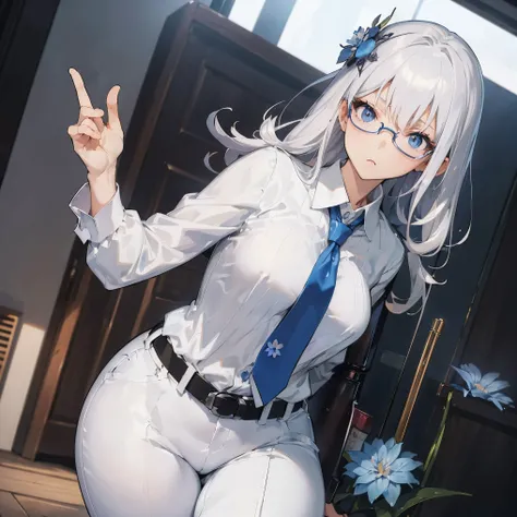 masutepiece,Best Quality,(fisheye),(long eyelashes),((Longhaire)),((white pantsuit)),(((vertical line shirt))),(age 24),(slightly small breast),(Leather belt),(1 blue flower hair ornament),necktie,(Sober glasses),Solo,((White hair)),Blue Pupils,((very slen...