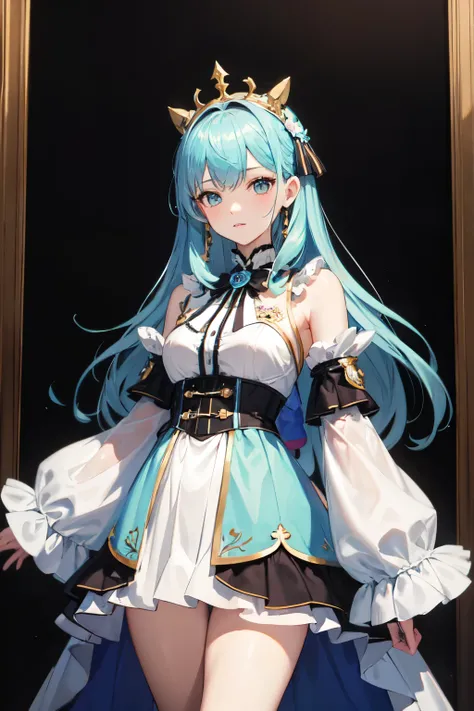 ((Best quality at best)), ((tmasterpiece)), (Detailed pubic hair), s the perfect face，divino，Weird costumes，lightblue hair，Standing painting，Gorgeous skirt dress