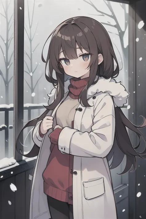 ((masterpiece)), (best qualtiy), Medium Shot, (super detailed), 1girl, cute teenage girl, white large coat, (messy long hair), beautiful brown hair, hollow eyes, hands in a pocket, winter day, (Silence Atmosphere), ((undress clothes)), snowing