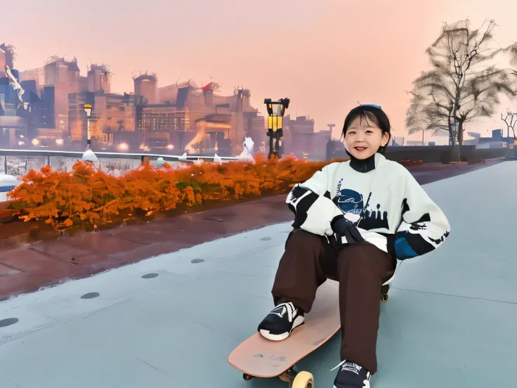 The background is the Bund in Shanghai，The season is winter，Keep the skateboard and people in the frame，There is a blue budgerigar on the girl&#39;s head