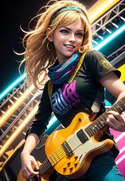 Create a dynamic photo of a Guitarist girl with BLOND hair and GREEN eyes smiling, Performance. Ultra High surrealism 5 fingers at each hand. Emphasize his stage presence, intricate guitar work, and iconic bandana. Experiment with vibrant colors and bold c...