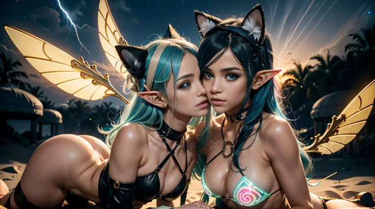 fractal sunset, infinite clouds, cute elf girl, 2 girls, extremely long neon light blue hair, cyber outfit, extreme abs, artistic style, cat ears, space tentacles, dramatic, nude, naked, no clothes, hugging, kissing, cosmic wonders, cute, transcedental mag...