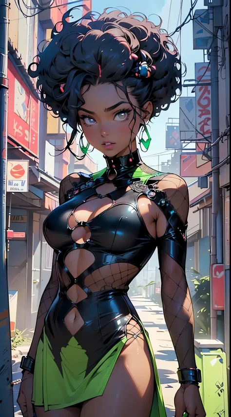 girl spacepunk,(((1girl))),((cute and beautiful afro haired girl)),((((black race)))),

(large breasts:1.4),saggy breasts,((((black afro hair:1.35,((afro hair:1.35)),afrohair,afro:1.35,dark hair,black hair,Double hair bun:1.3)))),medium hair,((heterochromi...