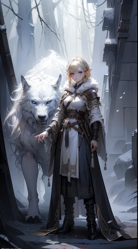 ((masterpiece, best quality)), viking elf girl, fantasy, stand with wolf, aaa art, design by aykut aydogdu, whistlerian, high re...