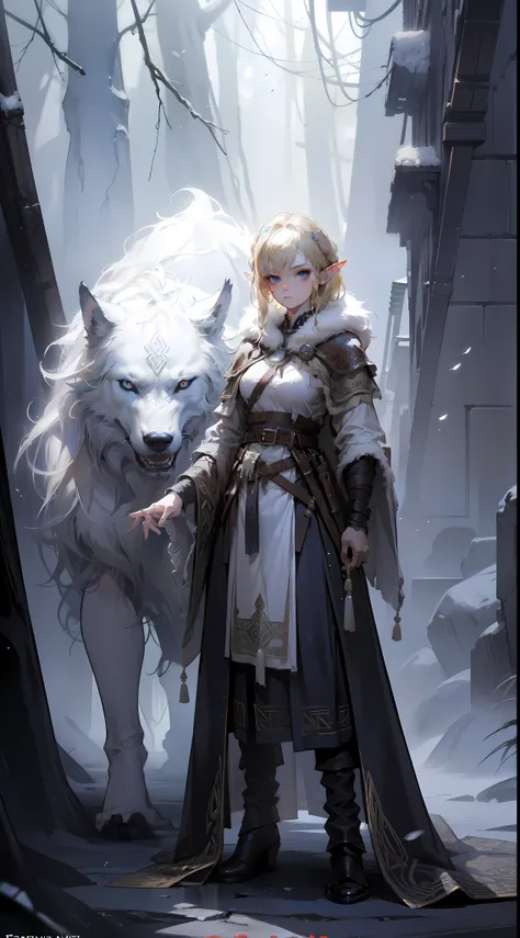 ((masterpiece, best quality)), viking elf girl, fantasy, Stand with wolf, aaa art, design by aykut aydogdu, whistlerian, high resolution, john larriva, mottled, full body, concept art, painting, sparth. BREAK, (elf:1.2), 1girl, solo, (Blonde Hair:1.15), Bl...