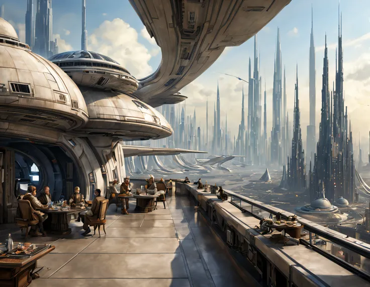 vista desde una terraza de la ciudad de coruscant de star wars, con sus inmensos edificios futuristas, divisandose el aeropuerto de coruscant, con una inmensa nave alargada posada, (Design by Doug Chiang), edificios del fondo nitidos y bien definidos, intr...