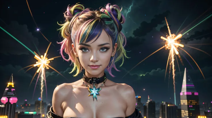 cute face, extreme abs, cute face, extreme abs, rave outfit, rainbow hair, intricate details, space buns, city, cyberpunk, nude naked, no clothes, lightning, cityscape, smiling, long hair, beautiful girl, jewlery, neon green hair, cat ears, highly-detailed...