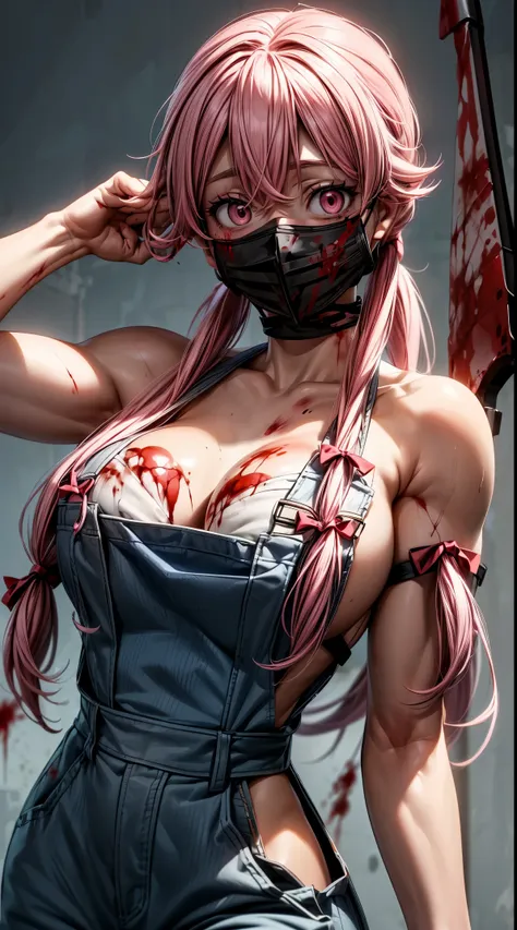 8k,best quality, masterpiece, naked overalls, yuno gasai, long hair, (pink eyes:1.5), pink hair, smile, low twintails, red eyes,...