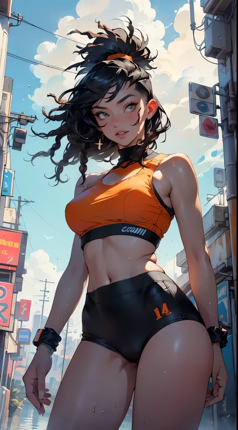 girl sporty,((attractive girl)),

(large breasts:1.4),saggy breasts,(((black hair:1.4,hi-top fade Haircut:1.5,hi-top fade:1.5,ponytail hairstyle with dreadlocks:1.5))),((heterochromia:1.5, (orange_eye and yellow_eye))),intricate eyes,beautiful detailed eye...