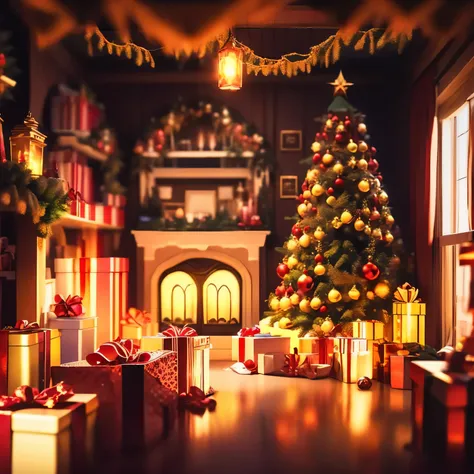 liveroom，christmas，christmas tree，gifts，lantern christmas decoration，（（（isometric architecture））），3d，unreal 5 renderer，ultra - d...