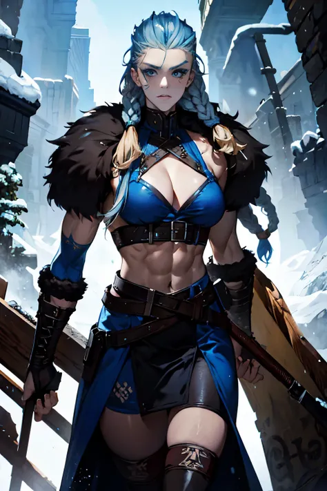 solo Female viking, (young:1.2), (muscular:1.2), fit, wearing brown furs and hides, (wearing furs:1.3) (blue norse tattoos:1.2), blue eyes, platinum blonde hair, (Dreadlocks:1.7), (Dreads:1.4), (Sideshave:1.6), warrior hair, Setting is a Scandinavian fores...