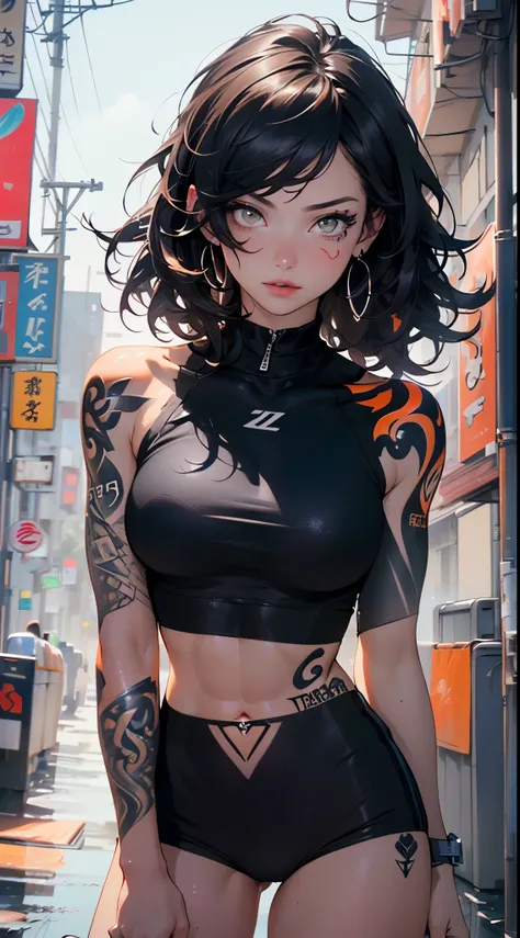 girl sporty,((attractive and muscular girl)),(tomboy),

(large breasts:1.4),saggy breasts,(((black hair:1.35,curly hair, disheveled hair:1.3,very long hair:1.4,colored inner hair,ear breathing))),((heterochromia:1.5, (orange_eye and red_eye))),intricate ey...