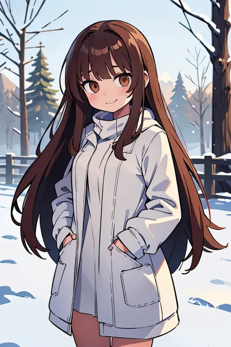 ((masterpiece)), (best qualtiy), wide Shot, (super detailed), 1girl, cute teenage girl, white large coat, (messy long hair), beautiful brown hair, (sad smile), hollow eyes, hands in a pocket, winter day, (Silence Atmosphere), ((undress clothes)), snowing