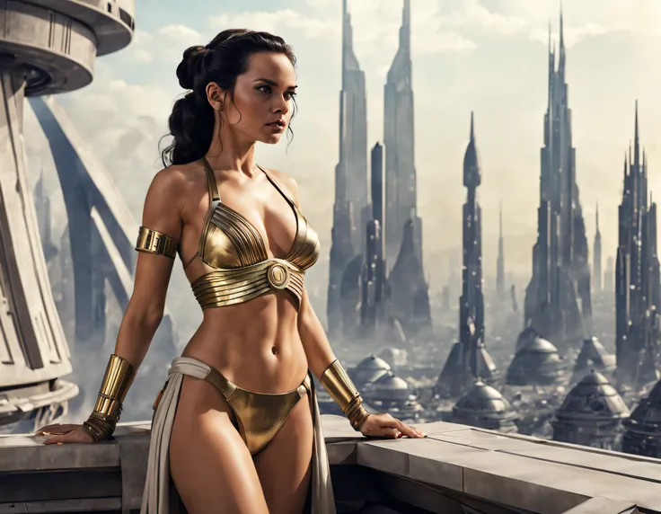 la guerrera rey , se encuentra en una terraza en bikini, observando la ciudad de coruscant de star wars, con sus inmensos edificios futuristas, (Design by Doug Chiang), intrincados detalles de la maquina de la mas alta calidad, estilo cinematografico, niti...