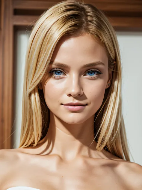 Masterpiece, realistic, highly detailed, best quality, looking_at_viewer, upper_body, white_backdrop, small_25_years_woman, tanned_skin:1, short_woman, small_facial_structure, short_facial_structure, medium-long_feminine_modern_pageboy_hair, blonde_hair, g...