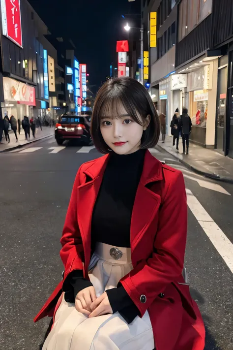 (((Night city,long  skirt,Red coat,Little big,))),((japanes,femele,cute little)),(clean,short-hair),(top-quality,​masterpiece:1.3,超A high resolution),(ultra-detailliert,Caustics),(Photorealsitic:1.4,RAW shooting,)Ultra-realistic capture,A highly detailed,H...