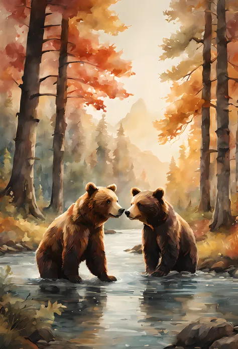 three cute bears playing in the right half of the image, on the left trees and river, forest, warm colors, cinematic colors, watercolor style, illustration, detailed, 8k, (best quality, ultra-detailed:1.6)