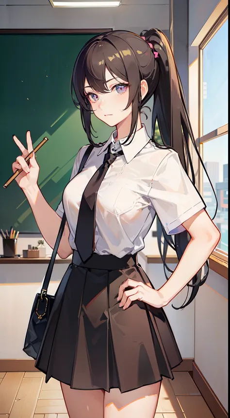 (Masterpiece:1.2, high quality), (pixiv:1.4), (1girl:1.2), (solo:1.2), (smirk:0.8), yaoyorozu momo, black hair, ponytail, hair pulled back, black eyes, long eyelashes, ((large breasts)), school uniform, white shirt, collared shirt, short sleeves, red neckt...