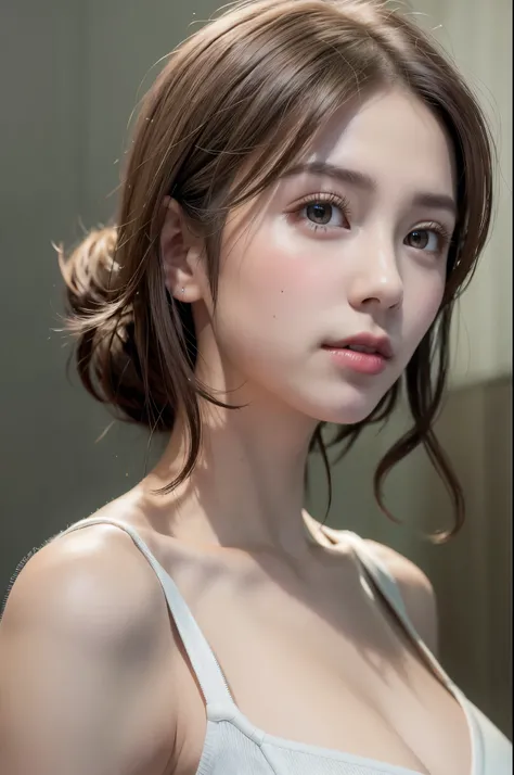 (8K, Photorealistic, Raw photo, of the highest quality: 1.3), (1girl in), Super beautiful, (Realistic face), (boyish, Silver Color Berry Shorthair), Beautiful , Glare that captivates the viewer, Beautiful expression, Beautiful breasts, (Realistic skin), Be...