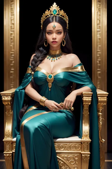 Rihanna as an ancient goddess, her features striking and ethereal. She sits on a throne adorned with gold and jewels, her posture regal and confident. Her skin glows with an otherworldly radiance, a soft, warm hue that seems to emanate from within. Her eye...