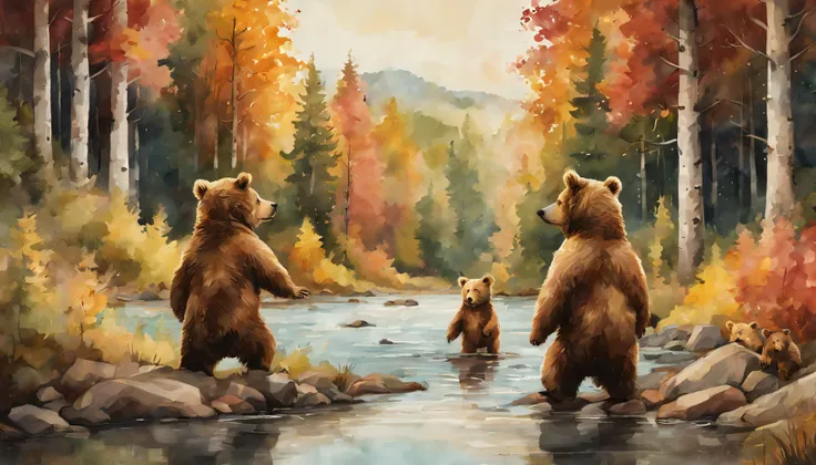 three cute bears playing in the right half of the image in the background, on the left trees and river, forest, warm colors, cin...