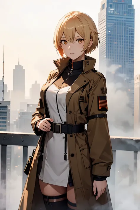 ots-14、orange eyes、girls&#39; frontline 2、a slender、short blonde hair、brown coat、cool pose、high-level image quality、hightquality...