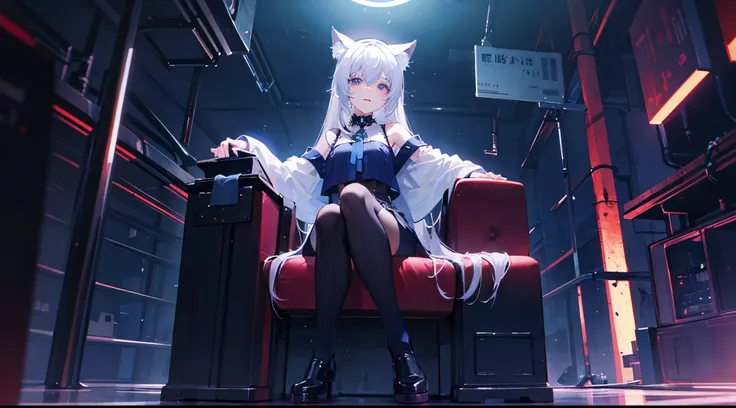 1 girl from the front,1 girl sitting, character in the center of the image, looking to the camera, a girl sitting in a trash can, a alley behind her, night with starry sky, long hair, white hair, black boots, no shirt, blue neckline, wolf ears, evil smile,...