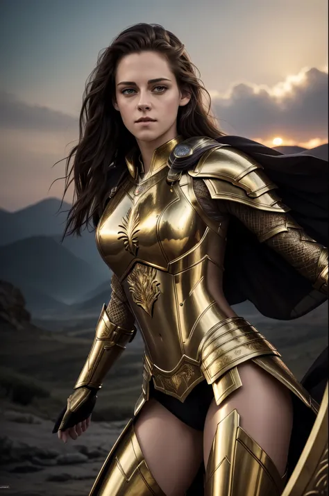 (best quality,4k,8k,highres,masterpiece:1.2),ultra-detailed,realistic:1.37,Kristen Stewart,gold armor,Knights of the Zodiac,sexy gaze,beautiful detailed eyes,beautiful detailed lips,long dark hair flowing,serious expression,strong and confident posture,spa...