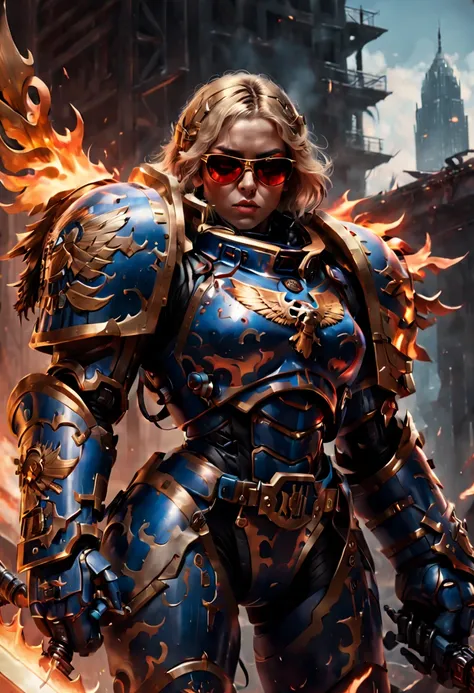 warhammer 40k universe，knight armor girl，mechanical suit of blue and gold armor，sparkly red color sunglasses，intense war-like en...