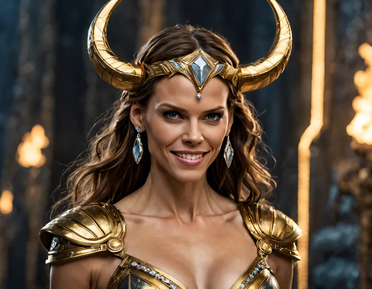 mujer valkiria exuberante y espectacular,parecida a hilary swank, ser de mitologia fantastica, se encuentra en el palacio de asgard, rodeada de tecnologia y maquinarias iimpresionantes, donde abundan el oro, la plata , las piedras preciosas de diferentes c...