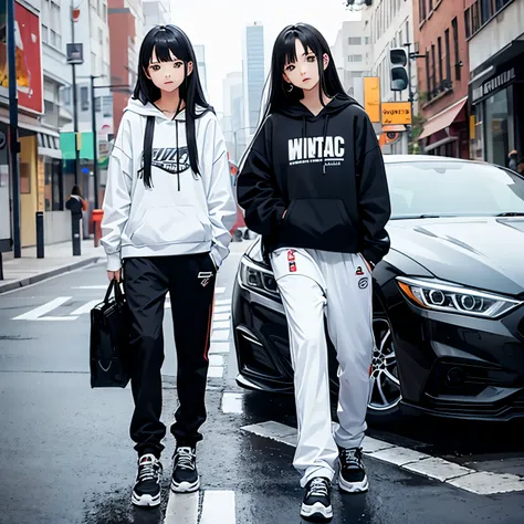 Two beautiful and cute girls, long black hair, black white hoodie, trousers, sneakers, decent, tall, sit, road side