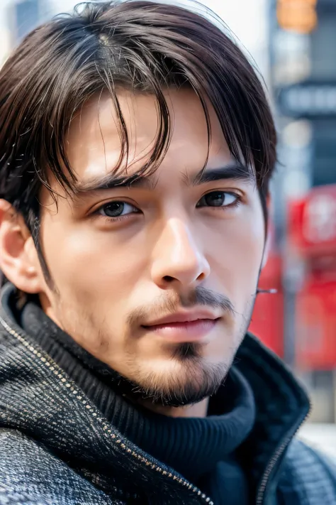 Photorealsitic, 8K full body portrait, a handsome, a 25-year-old man, A charming expression, detailed face details, TOKYOcty, Winters, Shibuya in the background