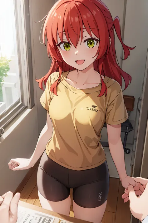 Room, 1 girl, best quality, ultra high res, long hair, red hair, green eyes, looking at viewers, small breast, standing, pov, slim body, loli body, small body, smile, open mouth, yellow shirt, short sleeves, bike shorts,