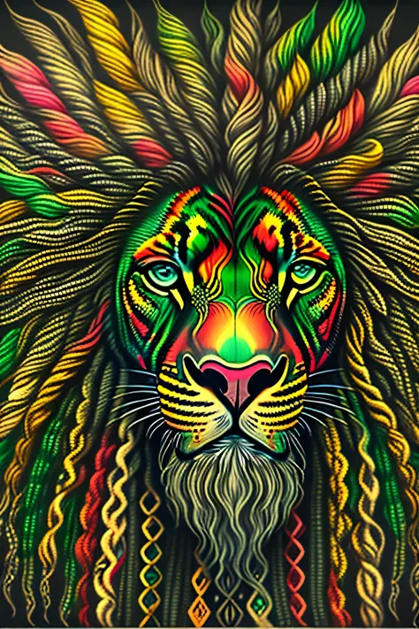 1 Rastafarian black lion expressing wisdom, cabelo dreadlocks, olhos verdes, Desenho tatuagem realismo nas cores do reggae