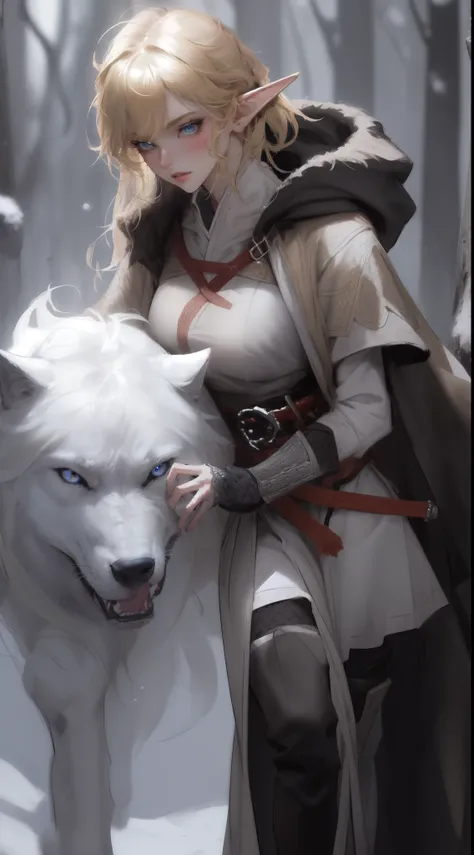 ((masterpiece, best quality)), (fractal art:1.3), viking elf girl, fantasy, standing with ancient wolf, concept yoji shinkawa, c...