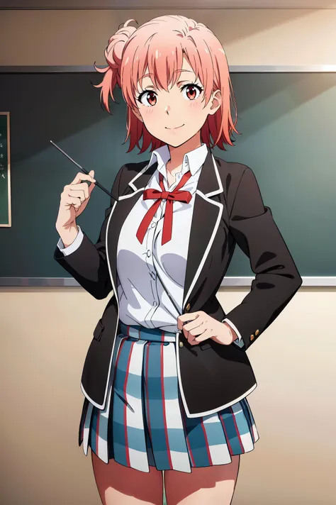 Best quality, masterpiece, highres, 1girl, Yuigahama yui, school uniform, Plaited skirt, short hair, red ribbon, white shirt, black jacket, big boobs, Standing, smile, school background