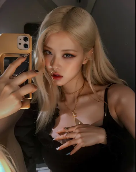 rosé blonde with long hair taking a selfie in front of a mirror, menina perfeita de cabelos brancos, retrato de jossi blackpink,...