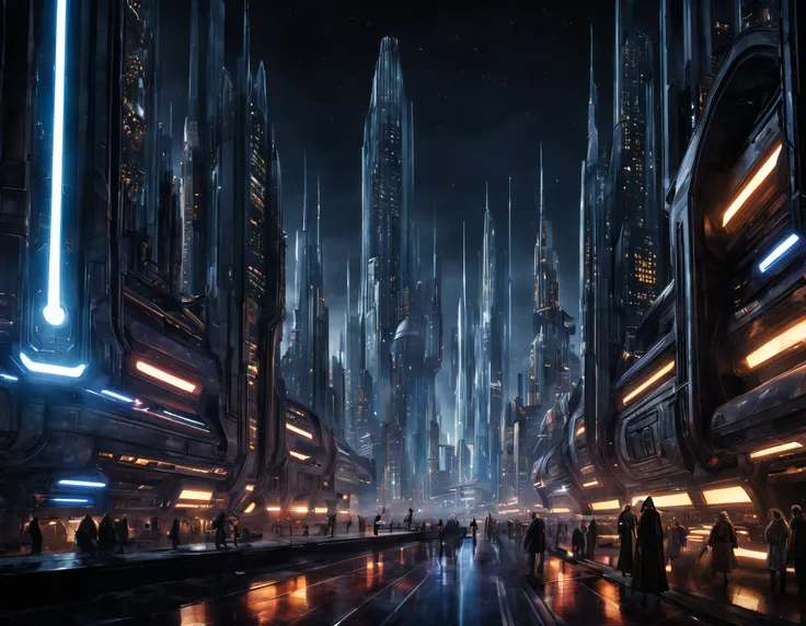 (The city of Coruscant from Star Wars as designed by Doug Chiang), futuristic fantasy city with immense buildings of technological design (que forman una avenida infinita), edificios compactor no difuminados con aspecto metalico, luces en ventanas en edifi...