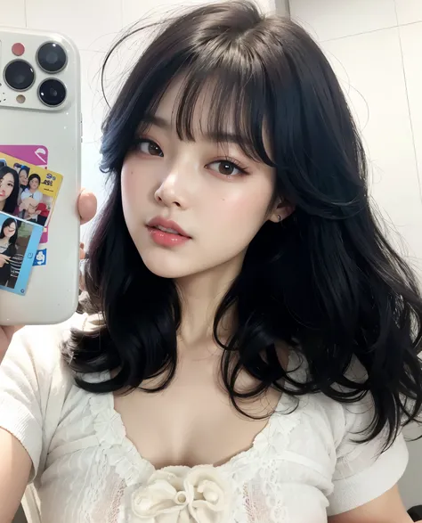 Tem uma mulher tirando uma selfie com o celular, Ulzzang, she has black hair como franja, branco hime corte penteado, neat hair como franja, Jaeyeon Nam, como franja, Lalisa Manobal, long hair como franja, Jinyoung Canela, Lee Ji - Eun, Lee Ji-eun, Heonhwa...