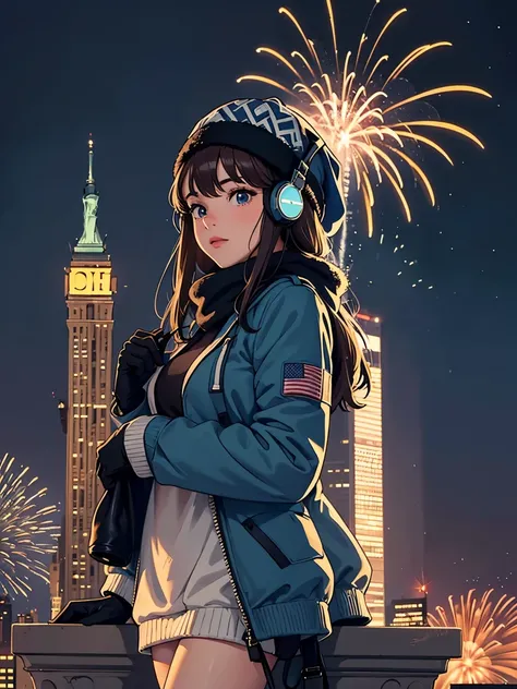 lofi relaxed one brunette girl with headphones enters helicopter in roof of a builing in NYC. winter night. beautiful landscape of NYC with statue of liberty, (fireworks) in night sky. travel. tourist. sweater, gloves, winter hat. long hair. new year eve