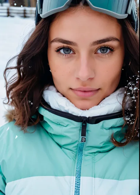 woman actively snowboarding, in the snow, wearing a puffer jacket, wearing snowboarding pants, with a snowboard, detailed snowboard, detailed pants, 26 years old, wavy dark hair, very detailed, light eyes, light green eyes, high-res, masterpiece, best qual...