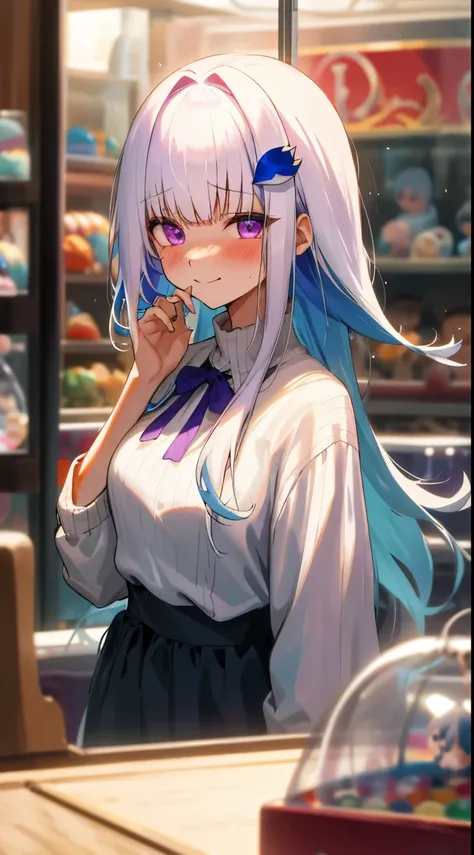 One girl with long hair, bangs, white hair, blue inner hair:1.25) , purple eyes, looking at viewer, blushing, little smile, tears, sweaters, indoor, game center, claw machine, bag, standing, dizzy, mid-chest, day atmosphere, hair ornament, medium breasts, ...