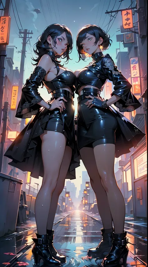 (beautiful arab identical twins in middle of composition:1.5),(black long hair:1.5), detailed and intricate, featuring high-tech, art by (((Syd Mead, Masamune Shirow))), (very enormous breast:1.7),(((aqua_eyes:1.3))) ,intricate eyes,beautiful detailed eyes...