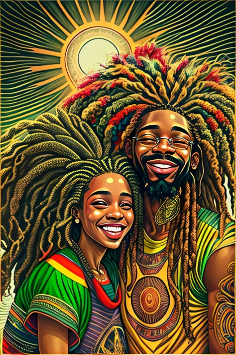 3 black Rastafarian friends smiling and hugging each other, muito estiloso, cabelo dreadlocks, olhos claros, desenho real, tatuagem, main reggae nuclei, muita alegria, ao fundo um sol gigantesco