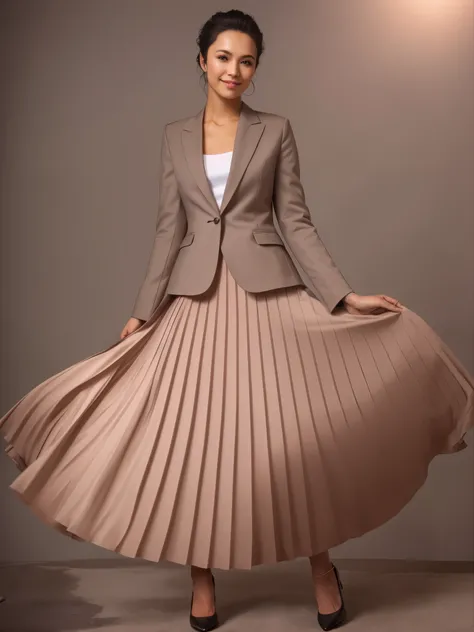 (smiling:1,2) woman playing with skirt, dancing, wearing short blazer and very very detailed (long (fully pleated) full circle skirt) and (low heeled) office shoes, very very intricate hyper-detailed symmetric (attractive graceful young feminine face) with...